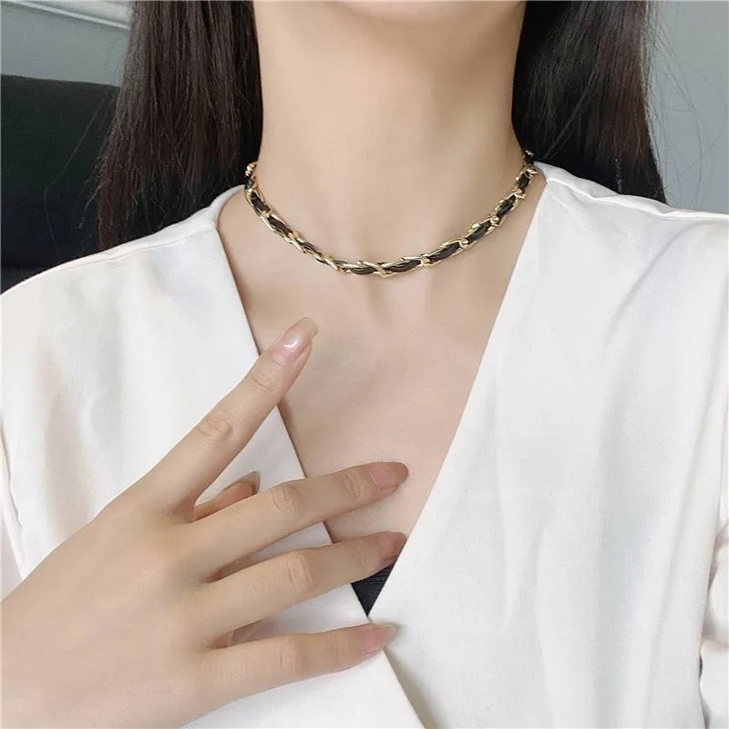 Chaînes Alliage Cuir Choker Chunky Plat Large Chaîne Sur Le Cou Hip Hop Goth Colliers Pour Femmes Bijoux