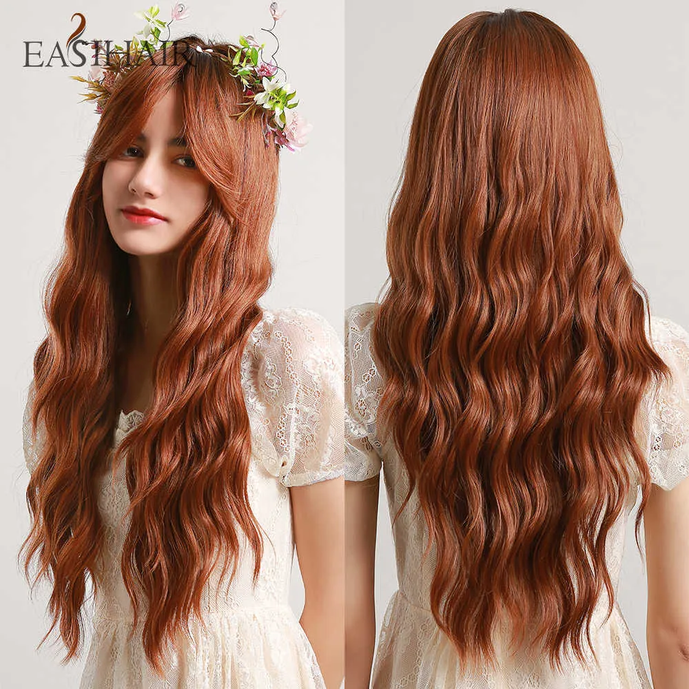 Synthetic Wigs Easihair Long Wavy Black to Orange Ombre Synthetic Wigs Amber Natural with Bangs Wedding Princess Hairstyles Heat Resistant 230227