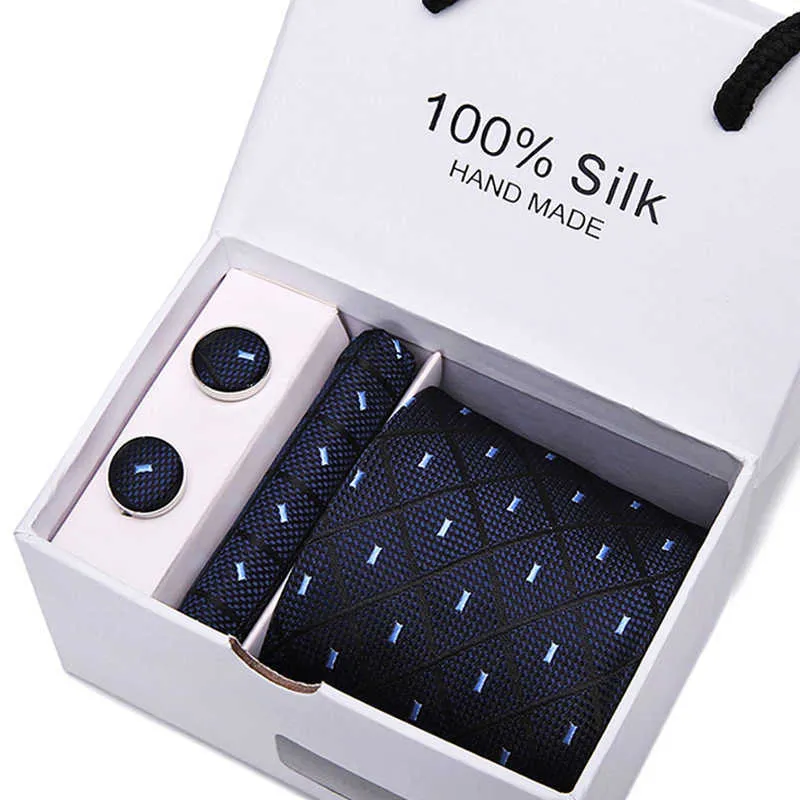 Neck Ties Navy Blue Necktie Pocket Square Cufflinks Sets For Men Luxury Ties Gift Box Groom Wedding Suits Business Silk Neckties Caravatas J230227