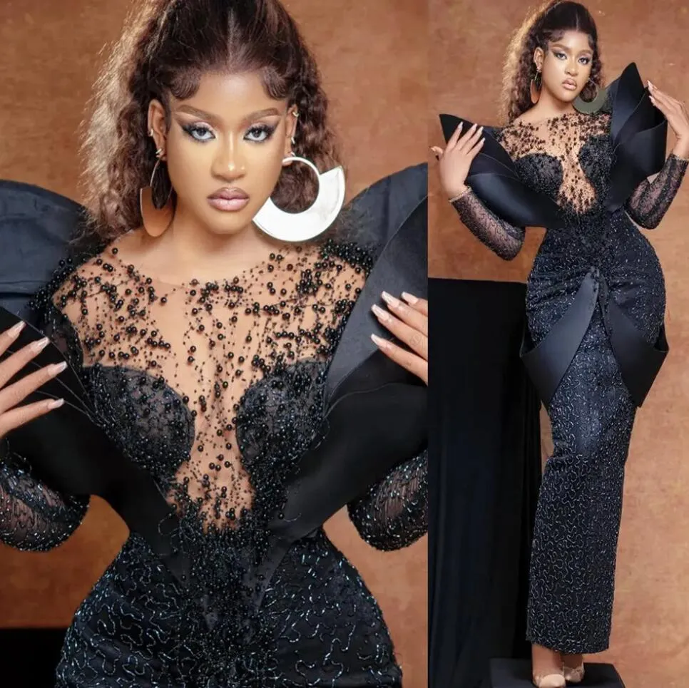 Illusion Long Sleeve Mermaid Evening Dresses 2023 Sheer O-neck Arabic Aso Ebi Lace Pearls Black Prom Engagement Dress Robes