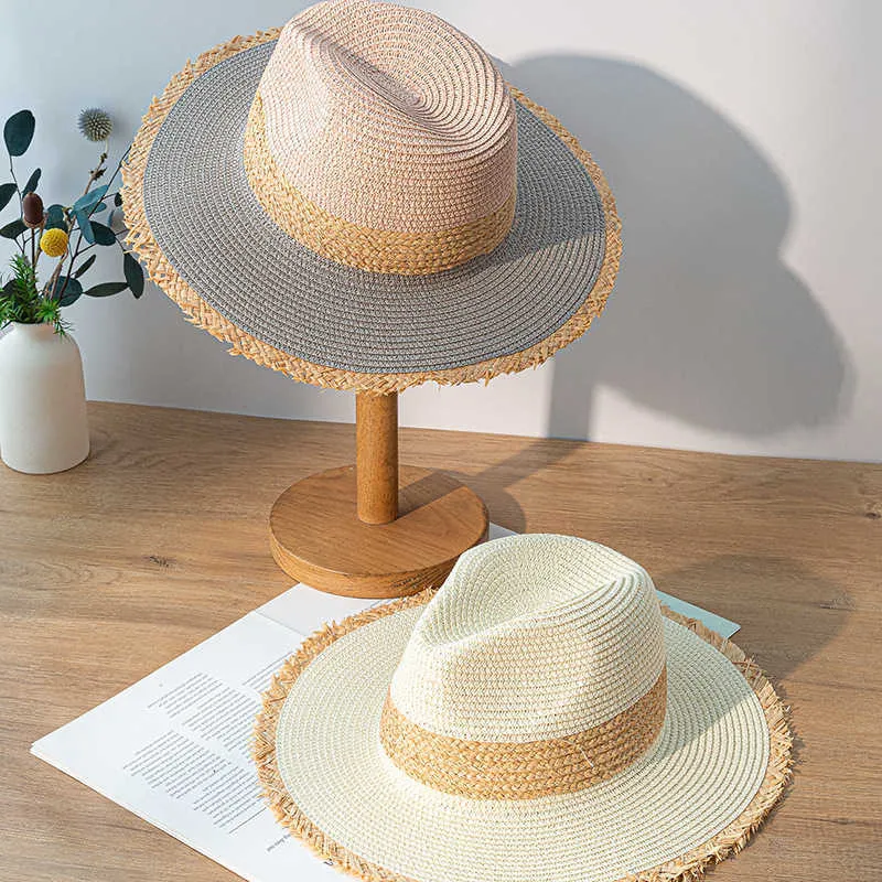 Sombreros de ala ancha 2022 Sombrero para mujer Color de verano Sombrero de paja a juego Borde crudo Protector solar Sombrero para el sol Versión coreana Señoras Sombrero de ala plana ancha Jazz Top Ha G230227