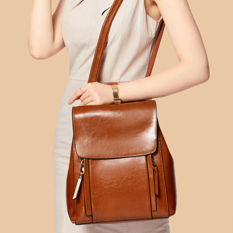 Genuine Leather Women Backpack Rucksack Cross Body Shoulder Bag Girls School Female Natural Skin Book Laptop Messenger Bags 230223