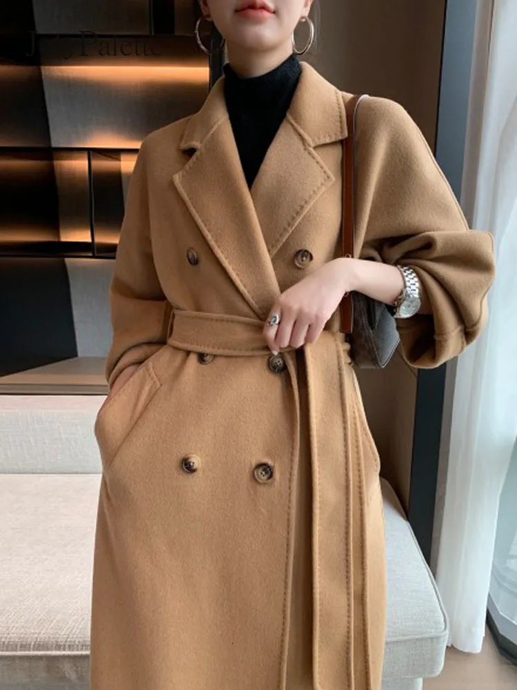 Women's Wool Blends JulyPalette Classic Camel Coat Women Autumn Winter Thicken Double Breasted Ladies Fashion en Outerwear With Sashes 230227