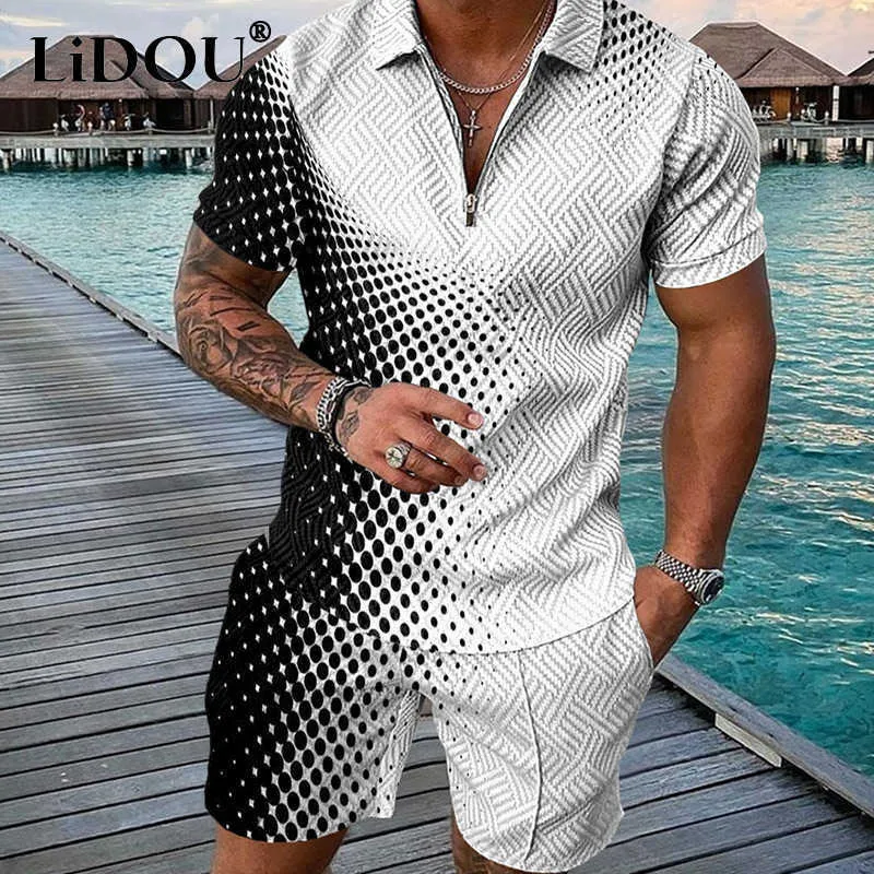 Men's Tracksuits 2022 Summer Moda Sports Sports Trend Polka Dot Print Casual Set Casual Neck Zipper Manga curta Retro Retro. Conjunto masculino Z0224