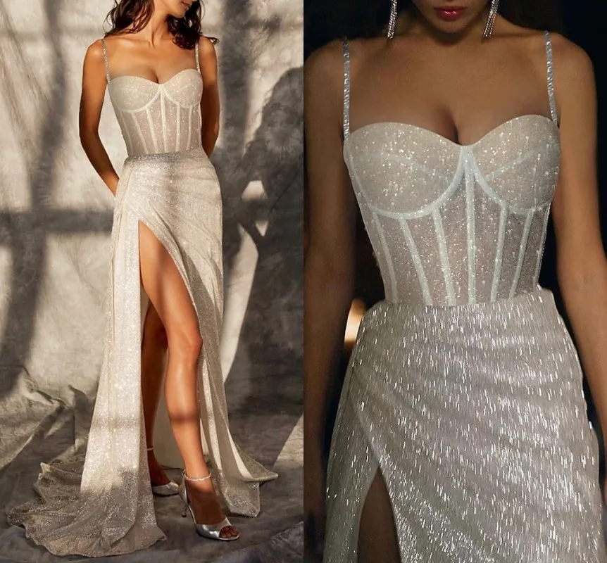 Sexy glitzerndes Meerjungfrau-Abendkleid, Träger, Schatz, Pailletten, Schlitz, langer Abschlussball, formelle Partykleider für Frauen, Abendkleider, Roben de Soiree