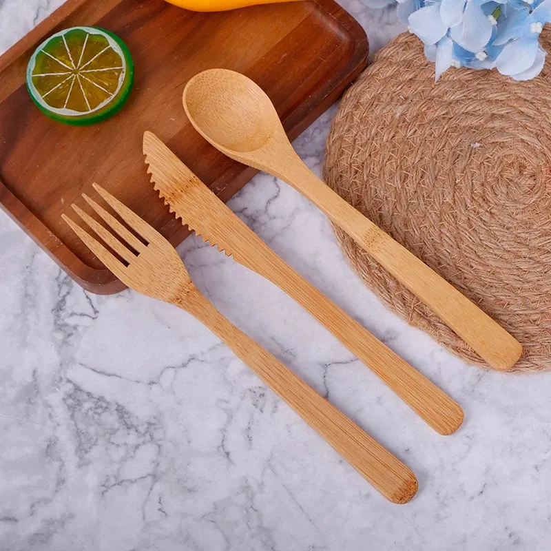 3 pcs/Set Bamboo Travel Cutlery Set Fork Knife Spoon Reusable Kitchen Tools Eco-Friendly Wood Bamboo Wooden Cutlery