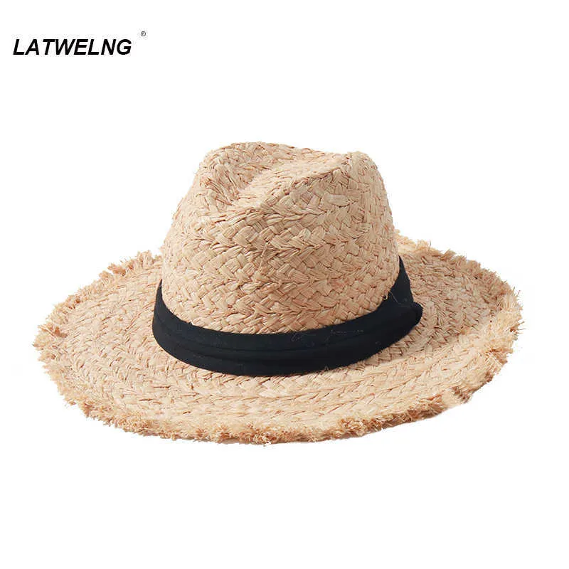 Chapéus de aba larga Mulheres Raffia Sun Hats Novos em chapéus de praia Fedora Hat Hat Outdoor British Top Straw Hats Ladies Panamá visor G230227