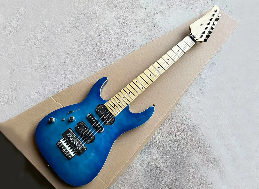 Guitare électrique bleue à 7 cordes pour gaucher, avec placage d'érable matelassé, Floyd Rose, logo personnalisé, couleur disponible