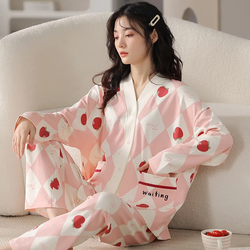여자 잠자기 QSROCIO 여성 잠옷 세트 귀여운 과일 프린트 레저 레저 V 넥 잉글 께