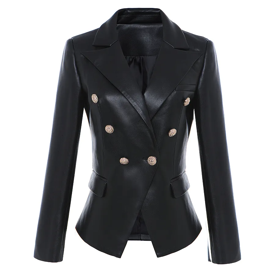 Womens Suits Blazers HIGH STREET est Baroque Fashion Designer Blazer Jacket Womens Lion Metal Buttons Faux Leather Blazer Outer Coat 230228