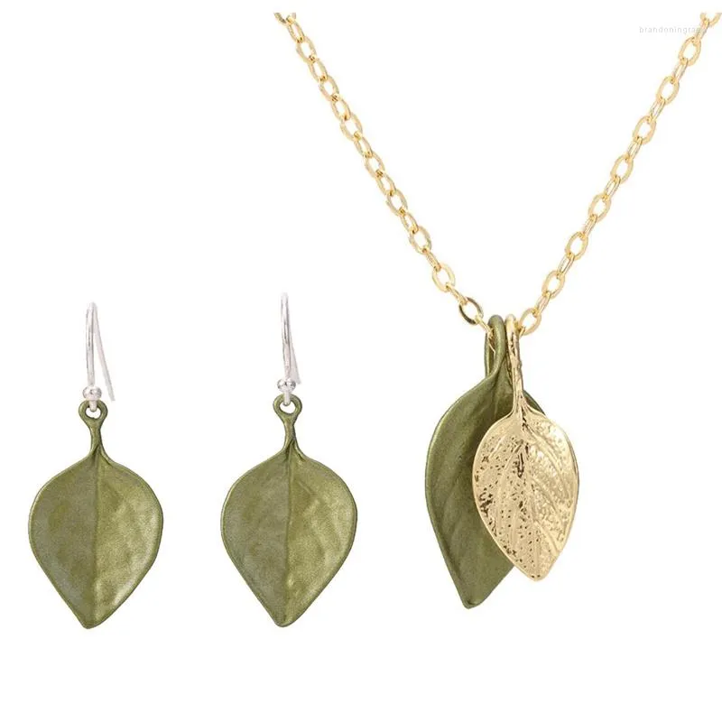 Necklace Earrings Set CSxjd Vintage Jewelry Green And Gold Color Leaves Paint Bronze Metal Earring Women's Wedding Accessorie