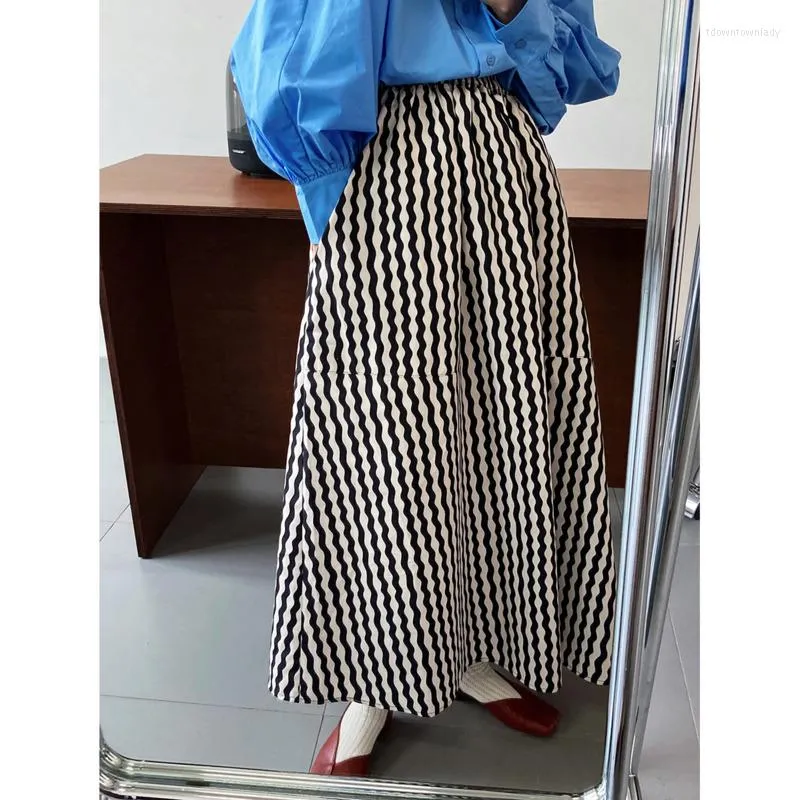 Gonne 2023 Spring Women Stripe Long Designer Style Elastico a vita alta A-line Swing Midi