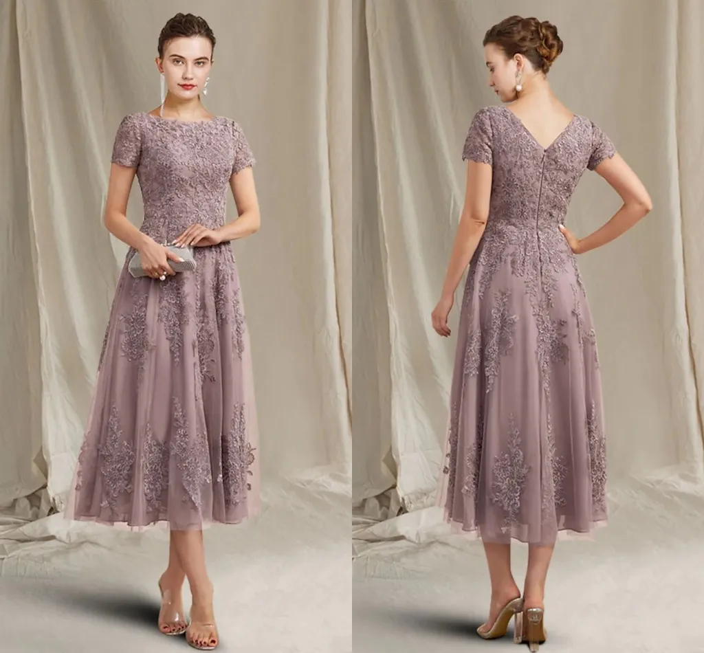 A-Line Mother of the Bride Dress 2023 Свадебные гостевые платья T Jewel Nece Tea Length Loce Tulle с коротким рукавом с аппликациями Root De Soiree