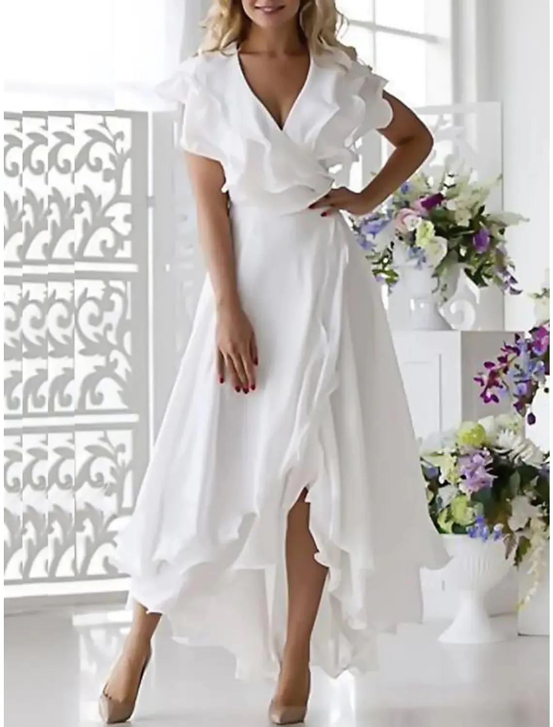 A-Line Mother of the Bride Dress 2023 Белые свадебные гостевые платья с высоким уровнем v Асимметричные шифоновые оборки расщепляются