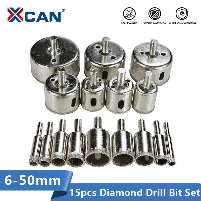 Bits de perfuração profissional conjunto de bits revestido com diamante XCan 15pcs 6mm-50mm Mábula de mármore Cerâmica de vidro Cerâmica serra perfuração para ferramentas elétricas