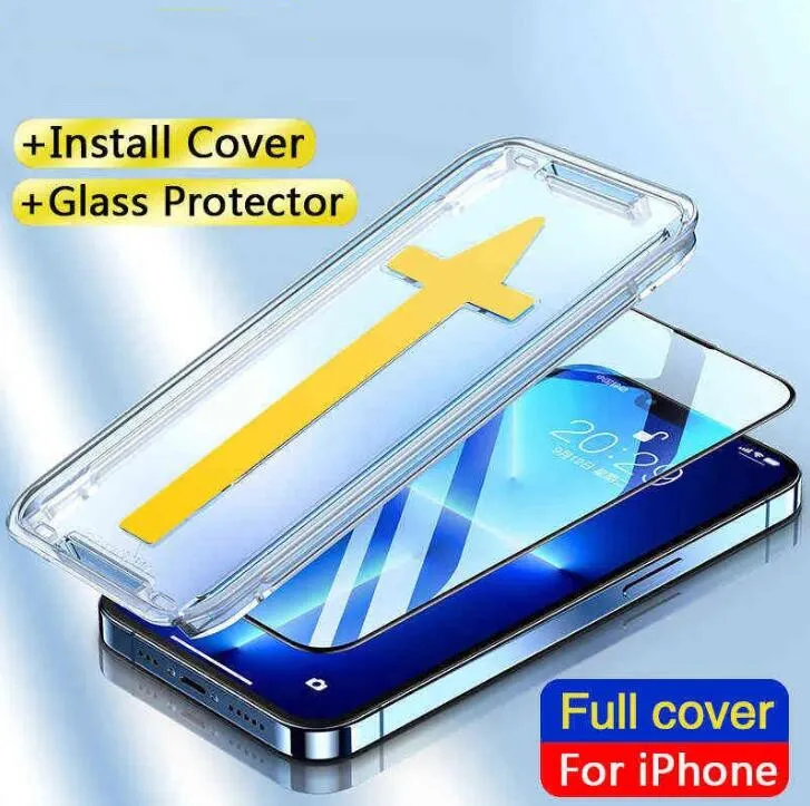 Protecteur d'écran complet avec kit d'installation facile, verre trempé pour iPhone 15 14 13 12 11 Pro Max X XS XR Mini, Film de protection HD anti-poussière, nouveau