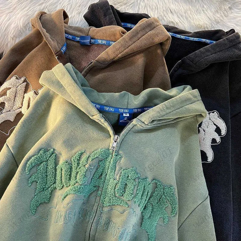 Oversized Harajuku Zip Up Hoodie Retro Angel Ear Embroidered