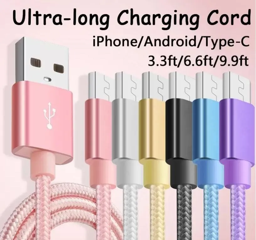 Type C Nylon Braided Micro USB Cables Charging Sync Data Durable Quick Charge Charger Cord 1m 3ft 2m 6ft 3m 10ft for Android V8 Smart Phone