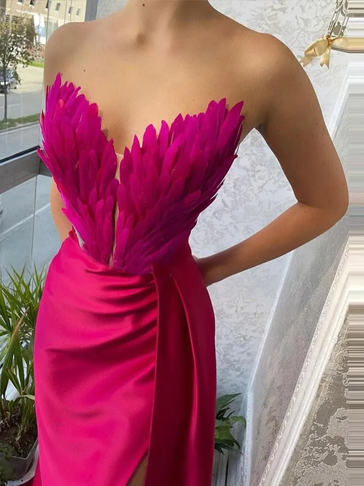 Casual Dresses Blue Evening Dress 2023 V-Neck Side Split Sexy Prom Gowns Feathers Crystal Satin Mermaid Elegant Women For Wedding Party