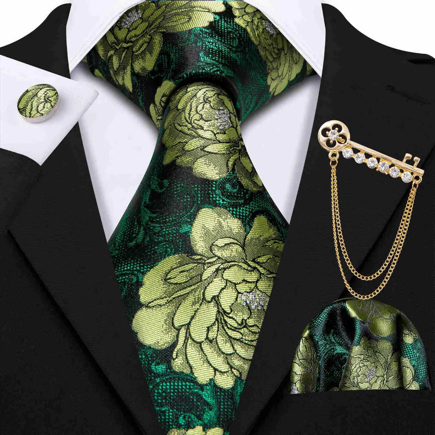 Nekbanden nieuwe mode desinger mannen banden broche set groen gestreepte zijden stropdas voor trouwfeest stropdel zakdoek cravat Barrywang LS5214 J230227