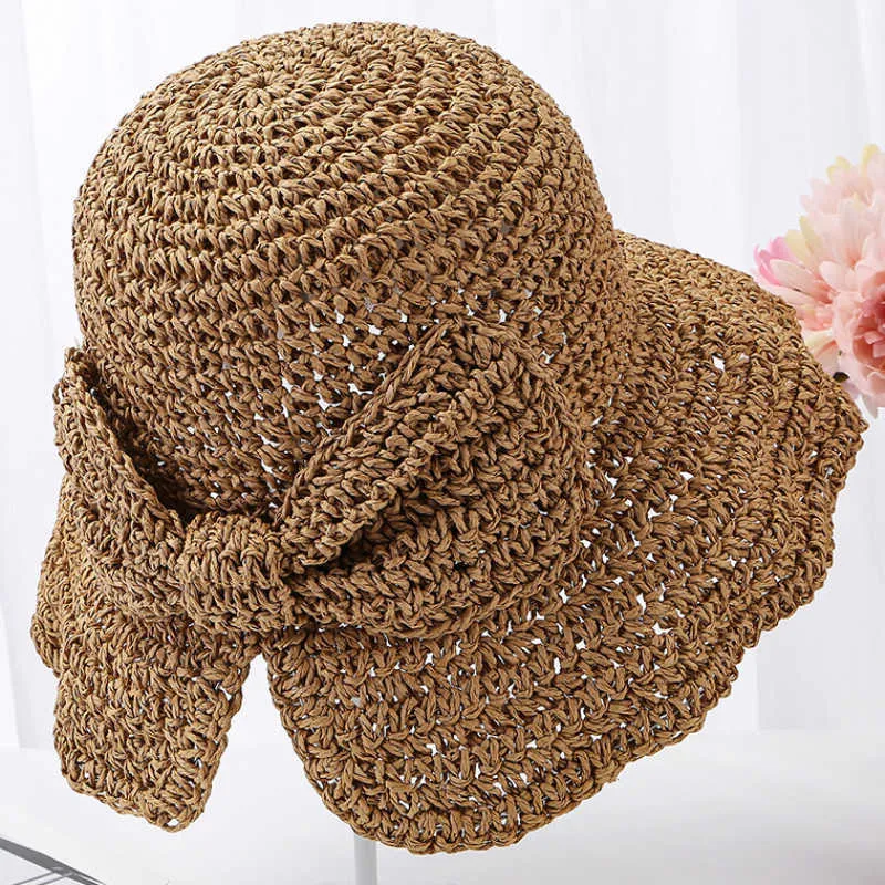 Wide Brim Hats HT2459 High Quality Women Hat Ladies Elegant Big Bow Summer Hat Korea Style Solid Crochet Straw Hat Female Sun Hats for Women G230227