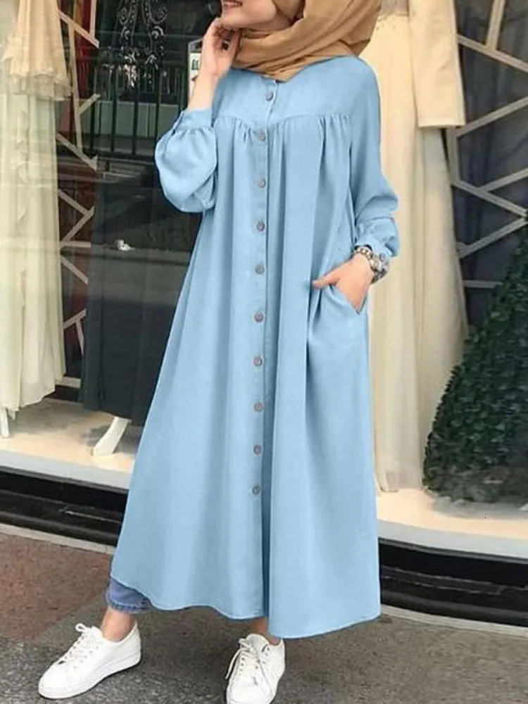 Etniska kläder s5xl muslimsk klänning kvinnor hijab skjorta långärmad maxi vestidos kvinnlig knapprock femme musulman hög wasit solid sundress 230227