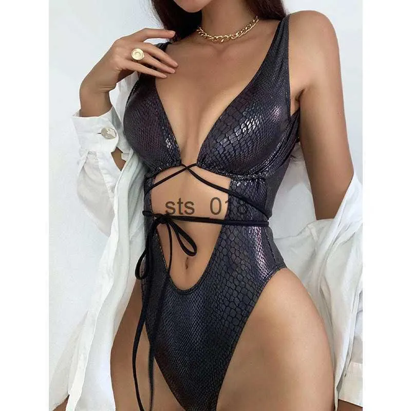 Bikinis Set Bandage Snakesskin Monokini Hollow Out One Piece Swimsuit Women Bandeau baddräkt Backless Bodysuit Largesize Swim Suit T230228