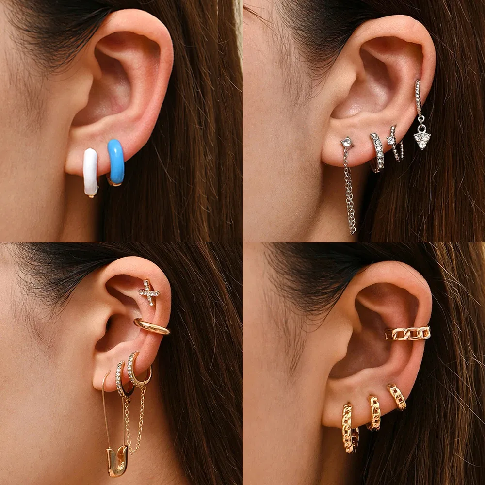 Punk Rock Helix Ear Cuff Set With Long Chain Hoop In Spanish