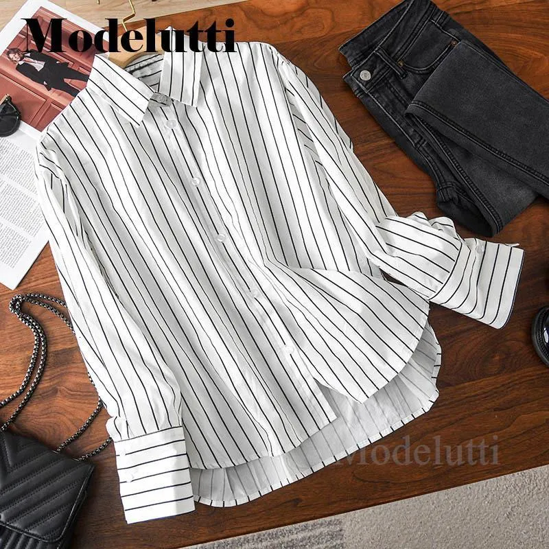 Blouses Shirts Modelutti voor dames Modelutti Spring Summer Fashion Lange Mouw Rapel Striped Shirt Woman Loose Blouses Wild Simple Casual Tops Vrouw 230228