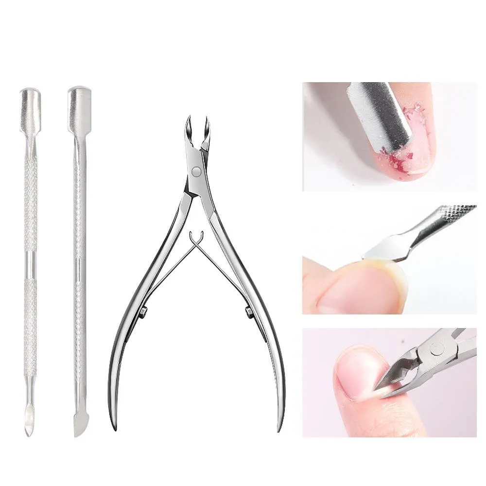 Nagelmanikyruppsättning Cutter Nipper Clip Cut 3 PCS Rostfritt stål Kutlikhet Pushers Spoon Scissor Dead Skin Tools for Women Drop Delivery DHDRC