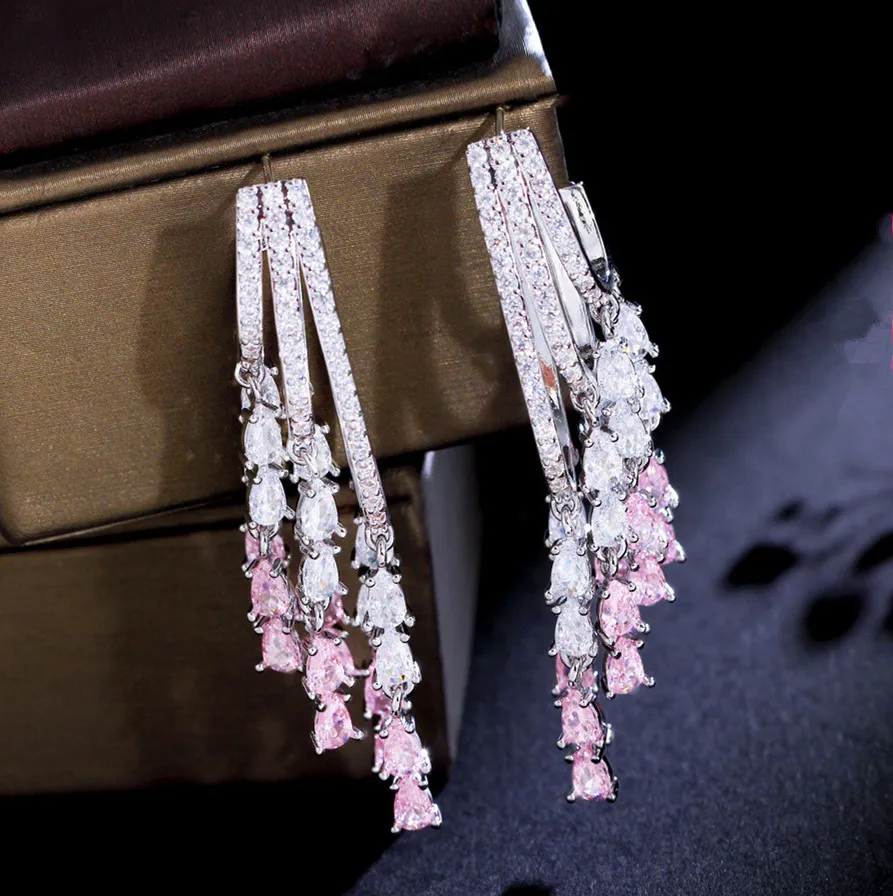 سحر Long Tassel Pink AAA Zirconia Cubic Carring Designer for Woman Party 925 Sterling Silver Post Earrings American American Completing Jewelry المجوهرات