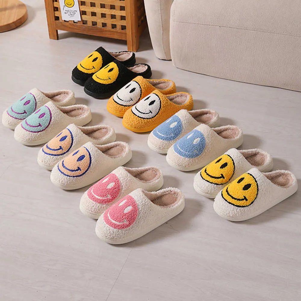 Slippers Winter Women Slipper Smile Face Pattern Women Fur Slippers Cute Cartoon Warm Plush Couple Shoes Indoor Autumn Men Fluffy Slides Z0215