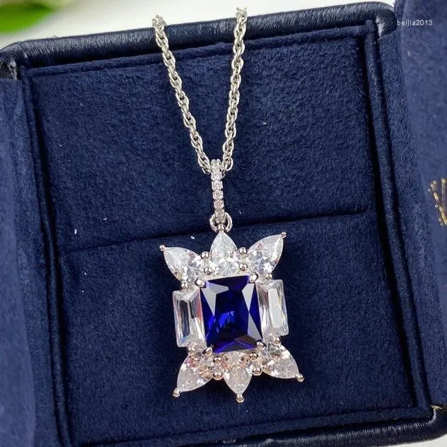 Hänge halsband lyx 925 sterling silver smycken fyrkantig blå diamant halsband zirkons bröllop bijoux femme