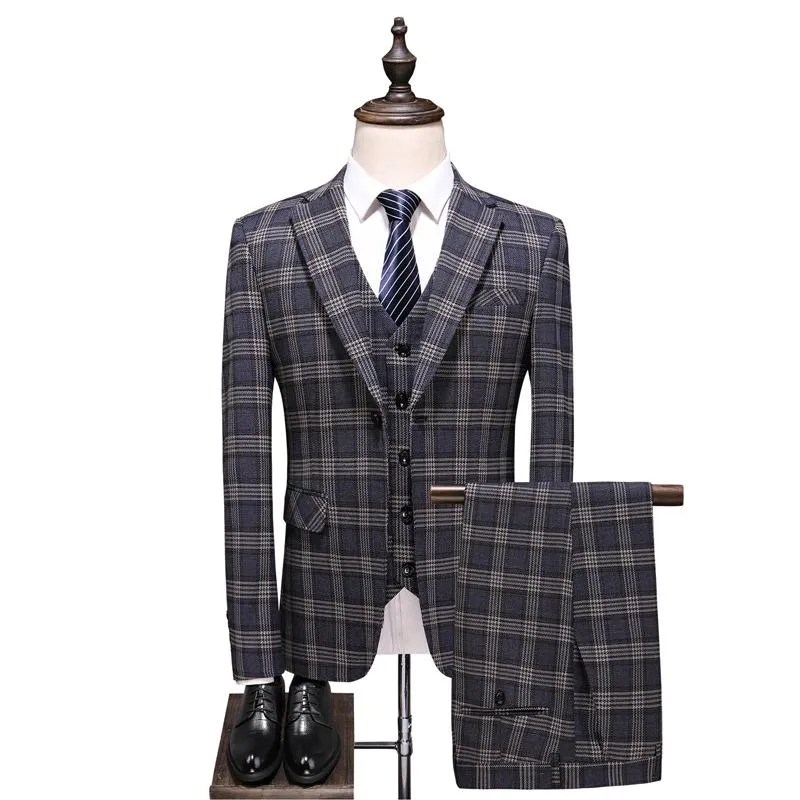 Men's Suits & Blazers Brand Spring And Autumn Suit Set Plaid Three-piece Brown Gorgeous Jacket Vest Trousers Business Casual Men