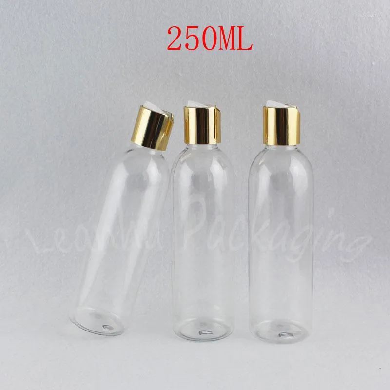 Butelki do przechowywania 250 ml przezroczystą plastikową butelkę ze złotą krążką górną czapkę 250 cm3 szampon / opakowanie balsamowe makijaż