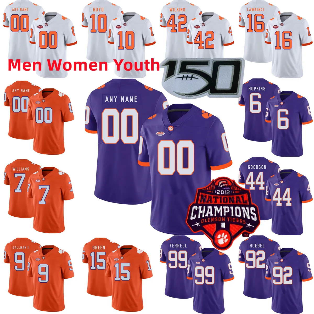 Özel S-6XL NCAA Koleji Clemson Tigers Futbol Forması 3 Dacari Collins 40 Luke Price 85 Josh Sapp 70 Tristan Leigh 77 Mitchell Mayes