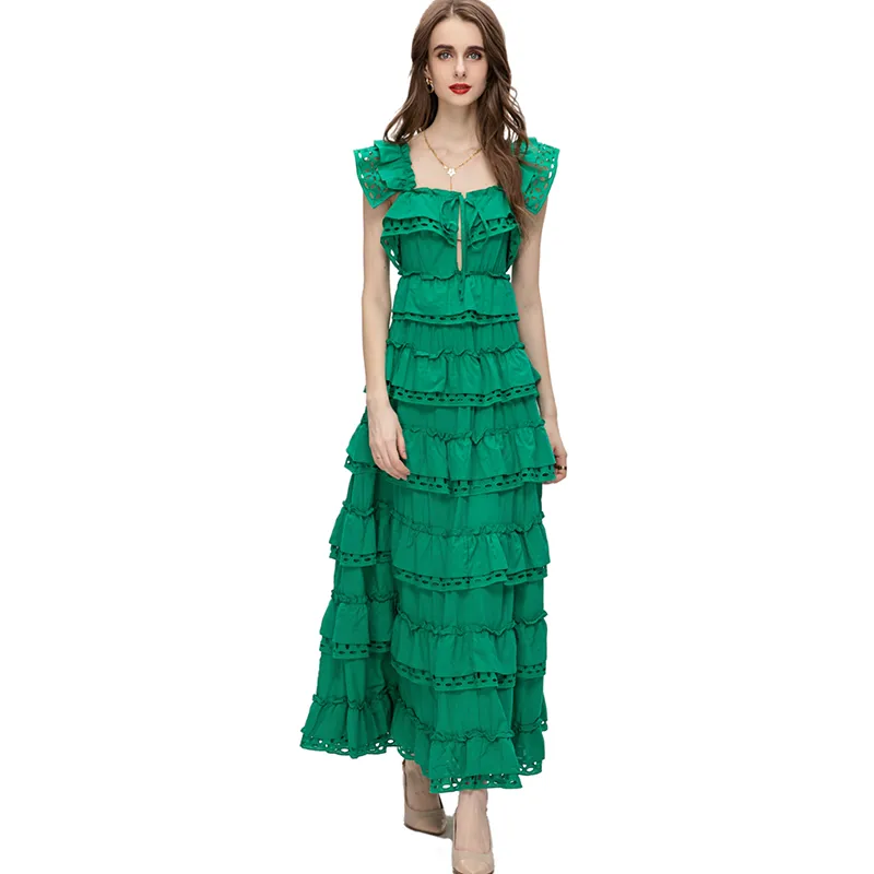 Women's Runway Dresses Flare Sleeves Embroidery Tiered Ruffles Hollow Out Fashion Elegant Vestidos