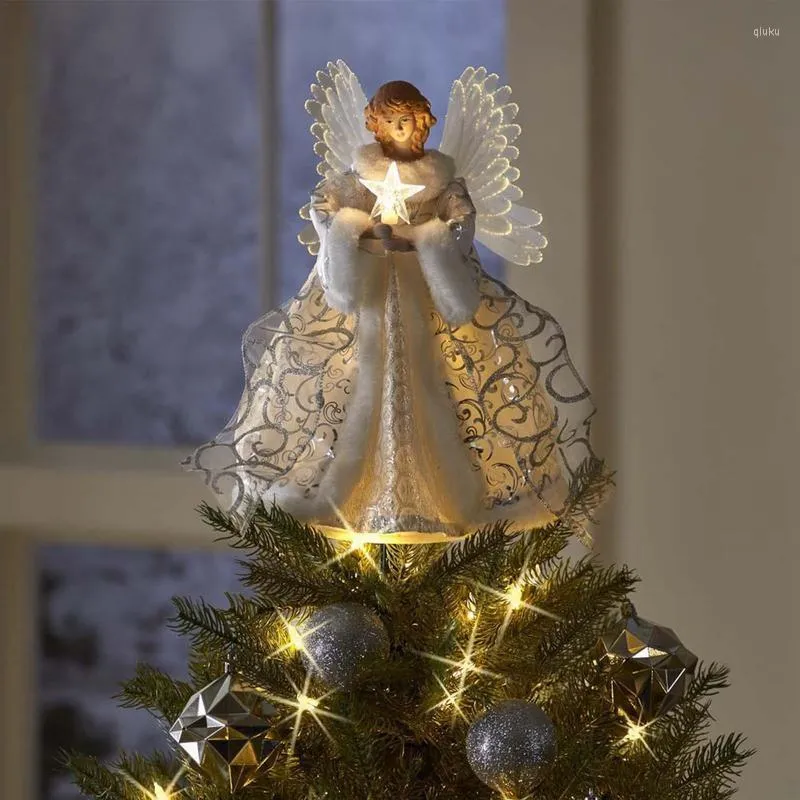 Juldekorationer Delikat Angle Tree Topper med LED -lampor Rustik ängelstaty Ornament Holy Crafts Decoration för semester