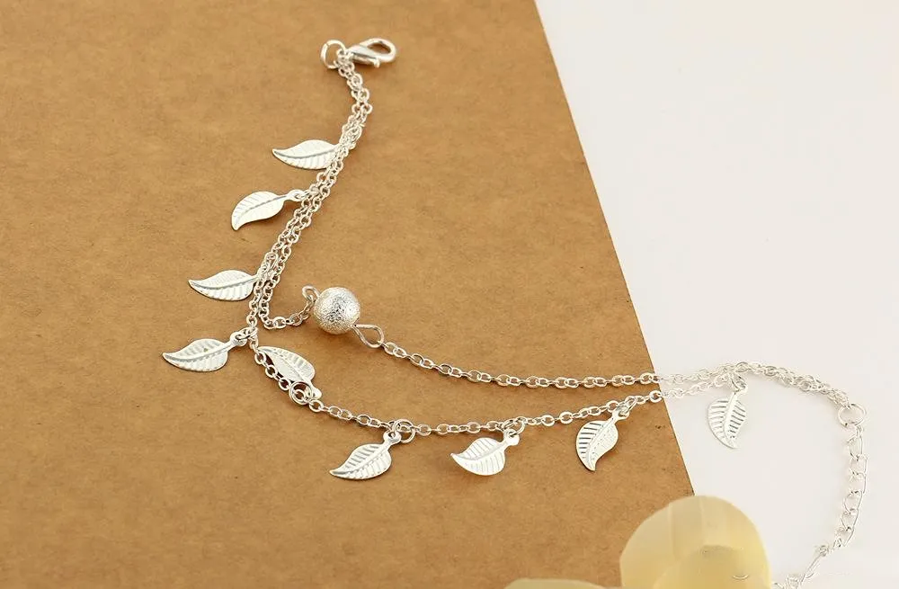 Kwaliteit Silver Gold dubbele laag Tassel Leaf Anklet Chain armbanden Summer Beach voetketens Fashion sieraden voor vrouwen Will en Sandy