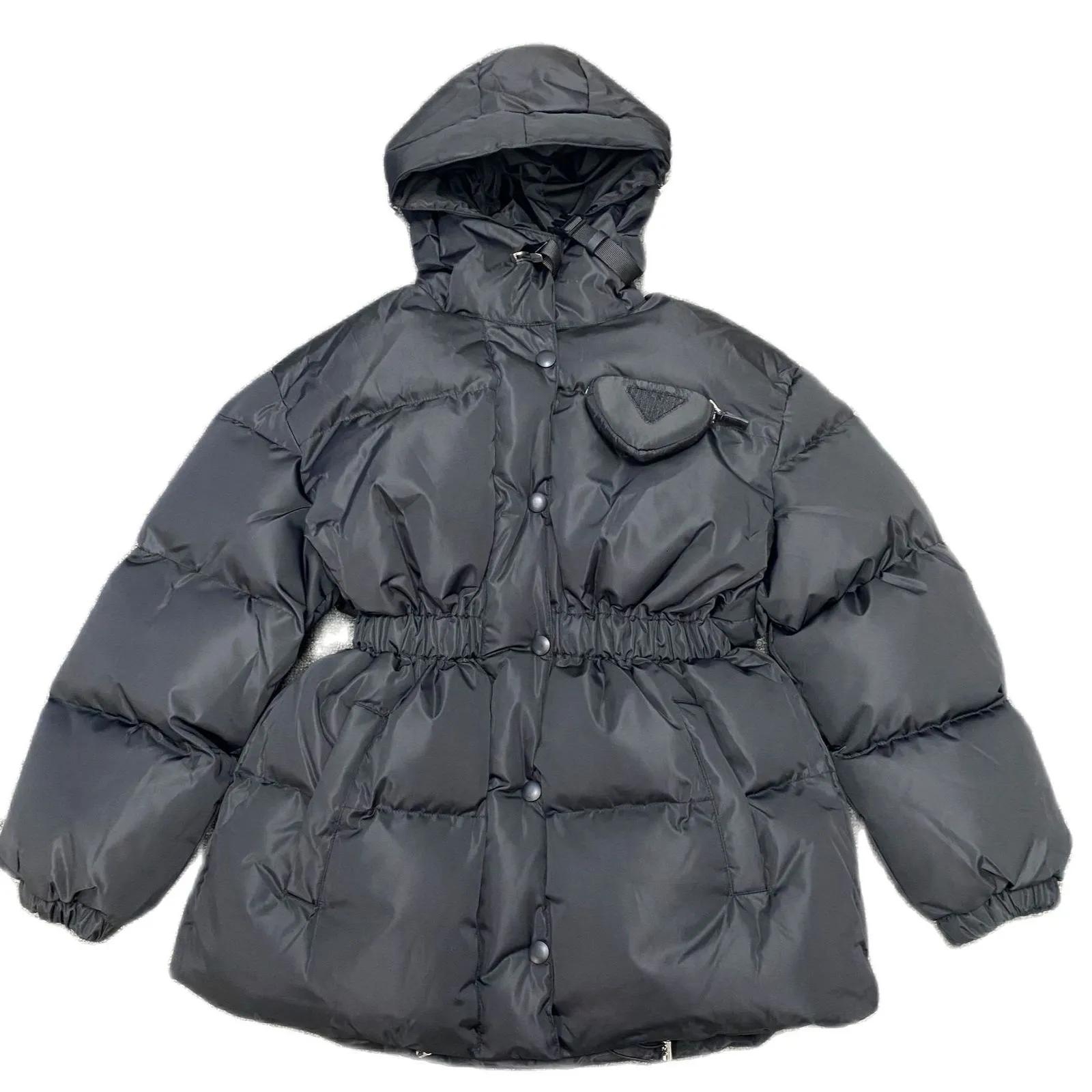 Kadın Yün Karışımları Siyah Parkas Orta Uzun Elastik Kemer Hoodie Pamuk Ceket Üçgen Cep Sondr 230227