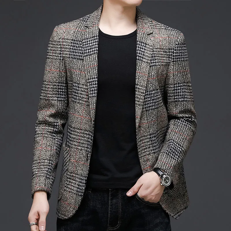 Designer Brand Style Fashion Top Classic Grade Slim Casual Fit Men Suits Tweed Jacket Business Plaid Blazer Coats Mens Clothes