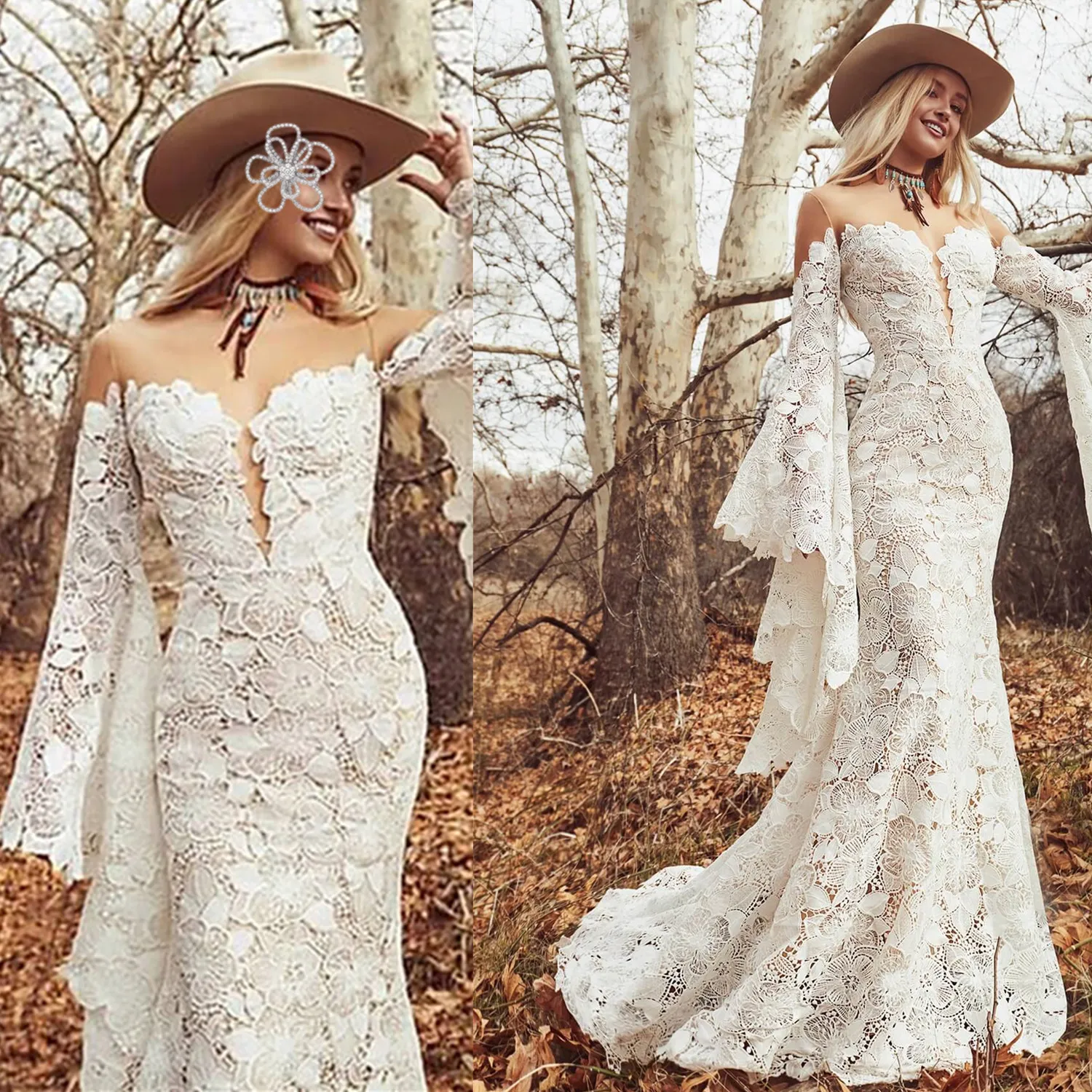 Long Boho Sleeves Bridal Gowns Plus Size Wedding Dresses 2023 Sheer O-neck  Vintage Crochet Bold cotton Lace Bohemian Hippie Country Bride Gowns