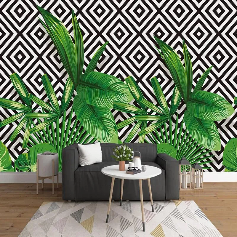 Wallpapers 3D Wallpaper Modern Stereo Green Plant Leaves Geometric Mosaic Murals Living Room Self-Adhesive Waterproof Creative Wall Sticker