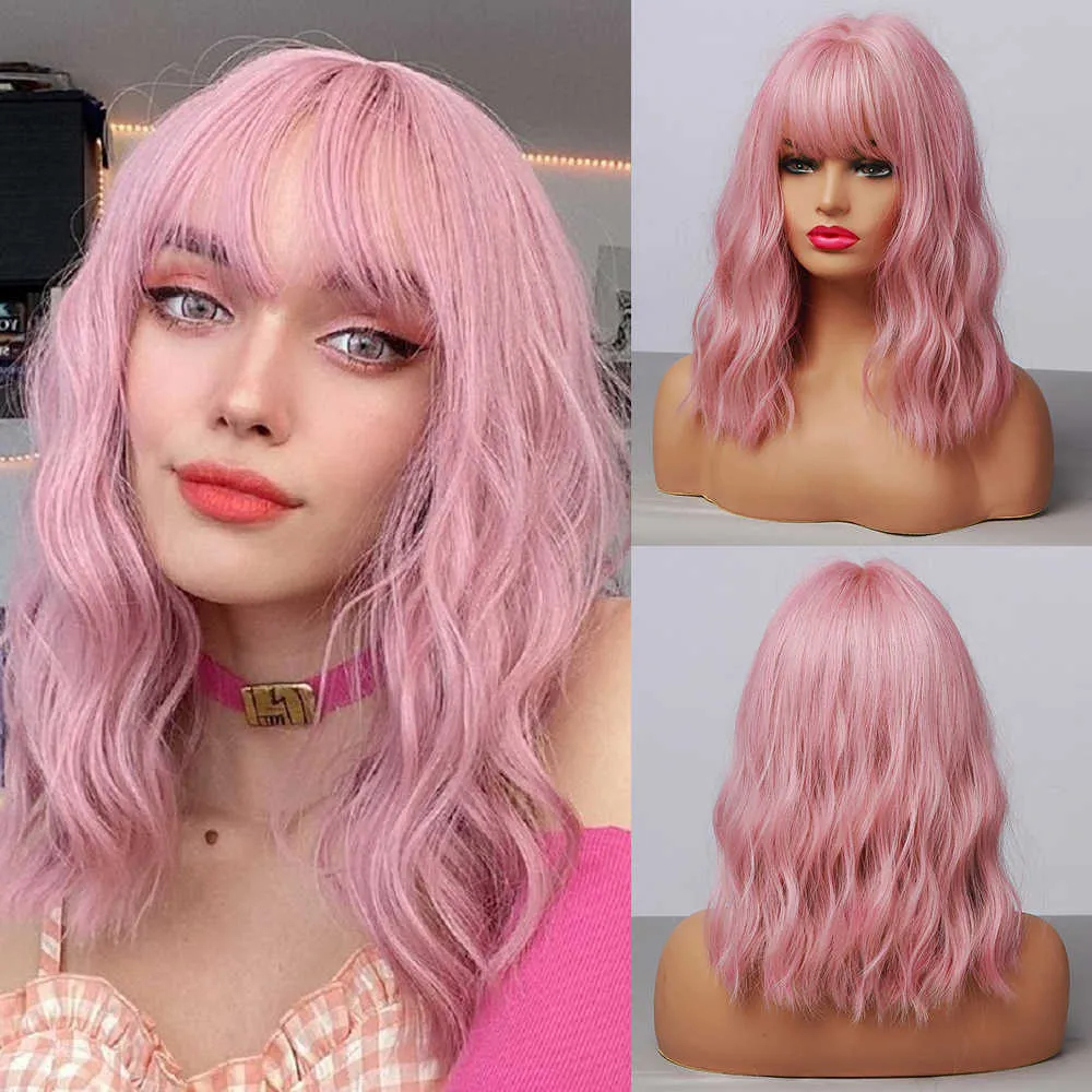 Perruques synthétiques Easihair rose Bob perruques pour femmes synthétique avec frange perruque de cheveux naturels longueur moyenne mignon Cosplay résistant à la chaleur 230227