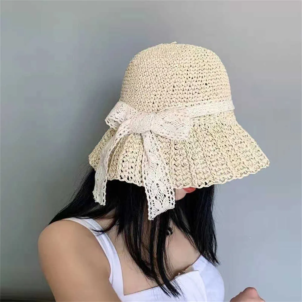 Wide Brim Hats New Simple Foldable Brim Floppy Girls Straw Hat Sun Hat Beach Women Summer Hat UV Protect Travel Cap Lace Bow Lady Cap G230227