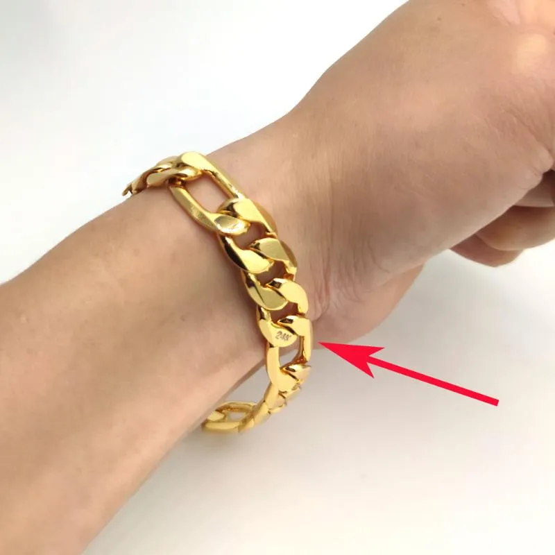 Bağlantı Bilezikler Zinciri İtalyan Figaro Hip Hop Bilezik 8.5 inç 12mm kalınlığında gerçek damga 24K Sarı G/F Gold Bangle İnce Katı Bilek Zincir Bağlantı