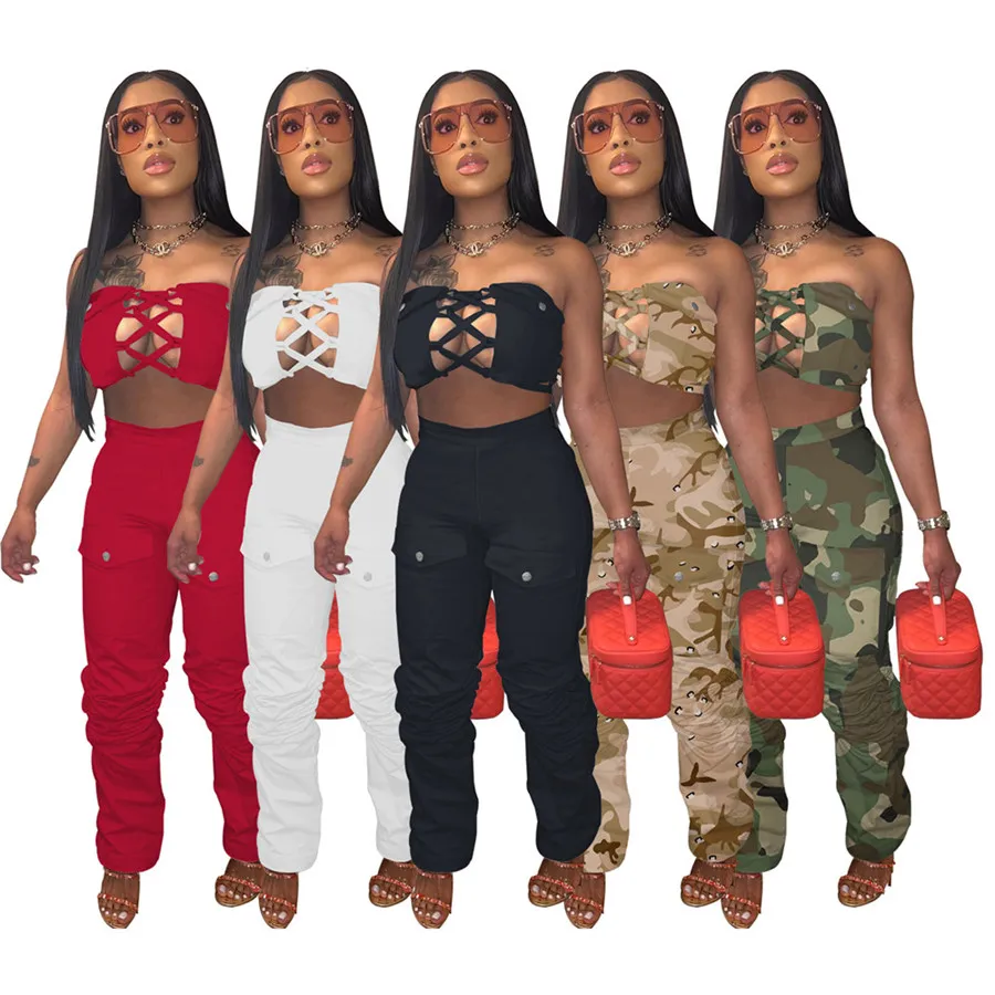 Designer Womens Two Piece Set Bandage V Cut Strapless Tube Top and Loose Pocket Cargo Pants 2023 Casual Tracksuits 9364