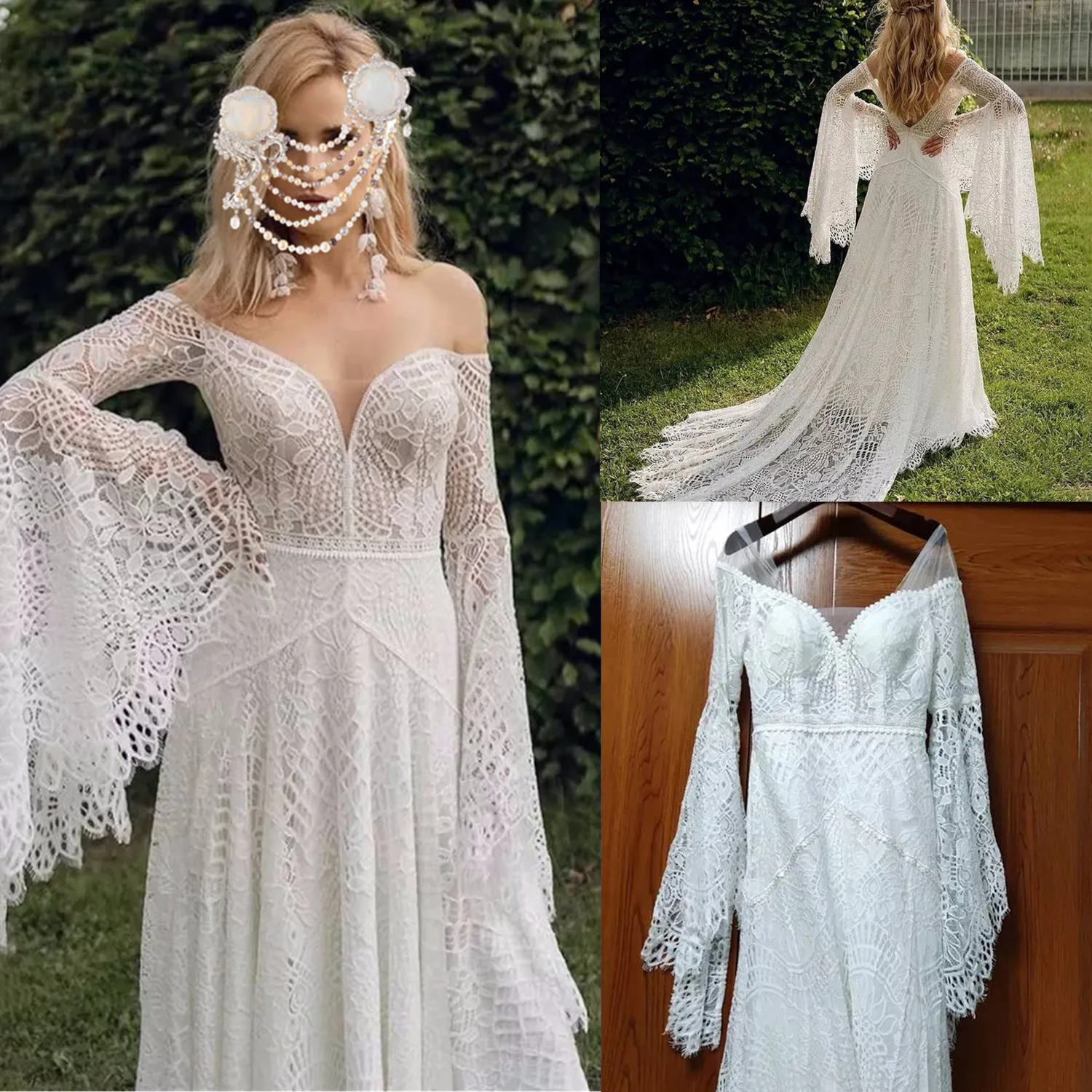 Vestidos de noiva de renda branca elegantes Novo estilo country do ombro de mangas compridas vestidos de noiva de praia vestidos de soiree feita sob medida