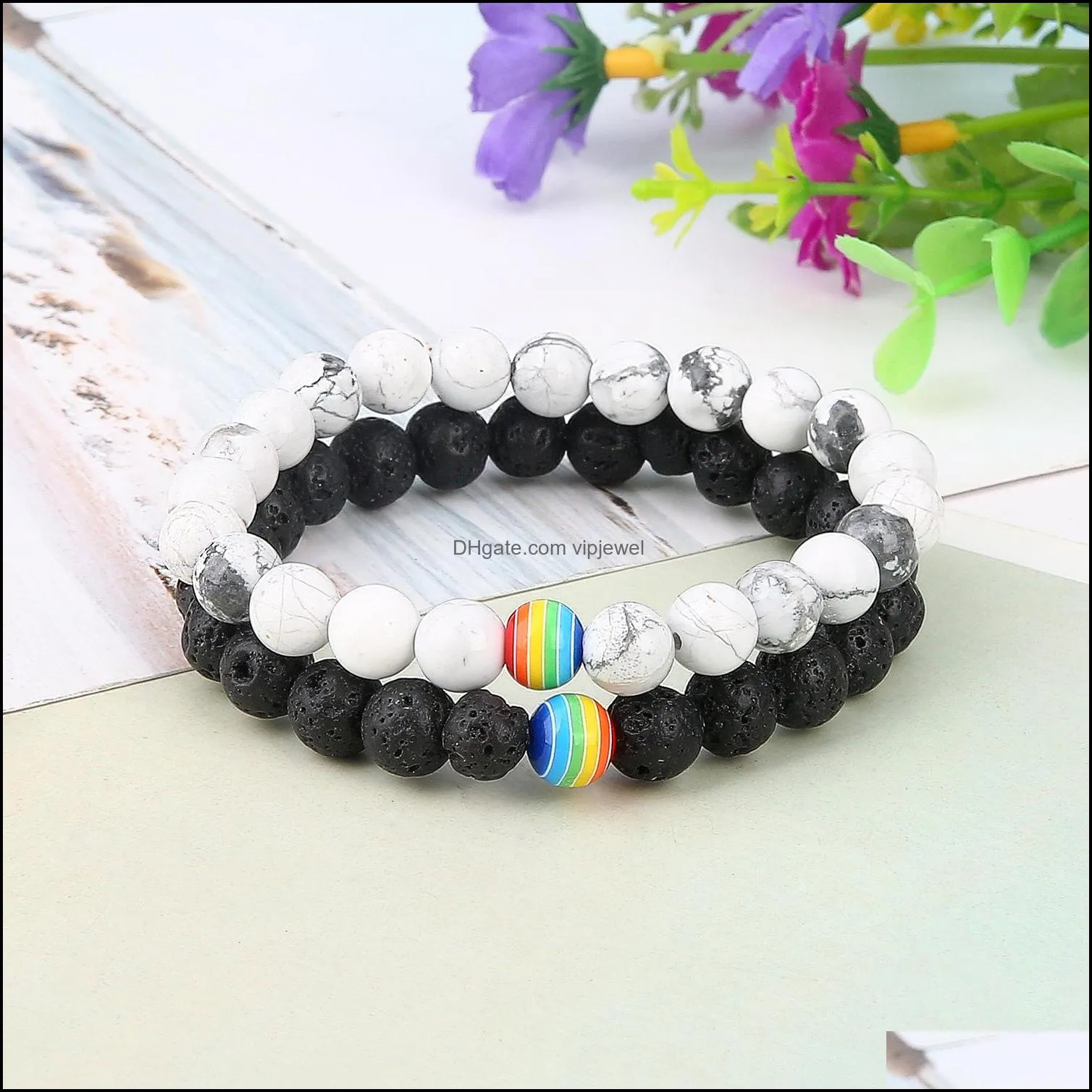 Pietre laviche a strisce colorate a tre perline per uomo e donna Braccialetto diffuso Combinazione di yoga elastico 8 mm Gioielli con consegna a goccia Bracel Dhqjb