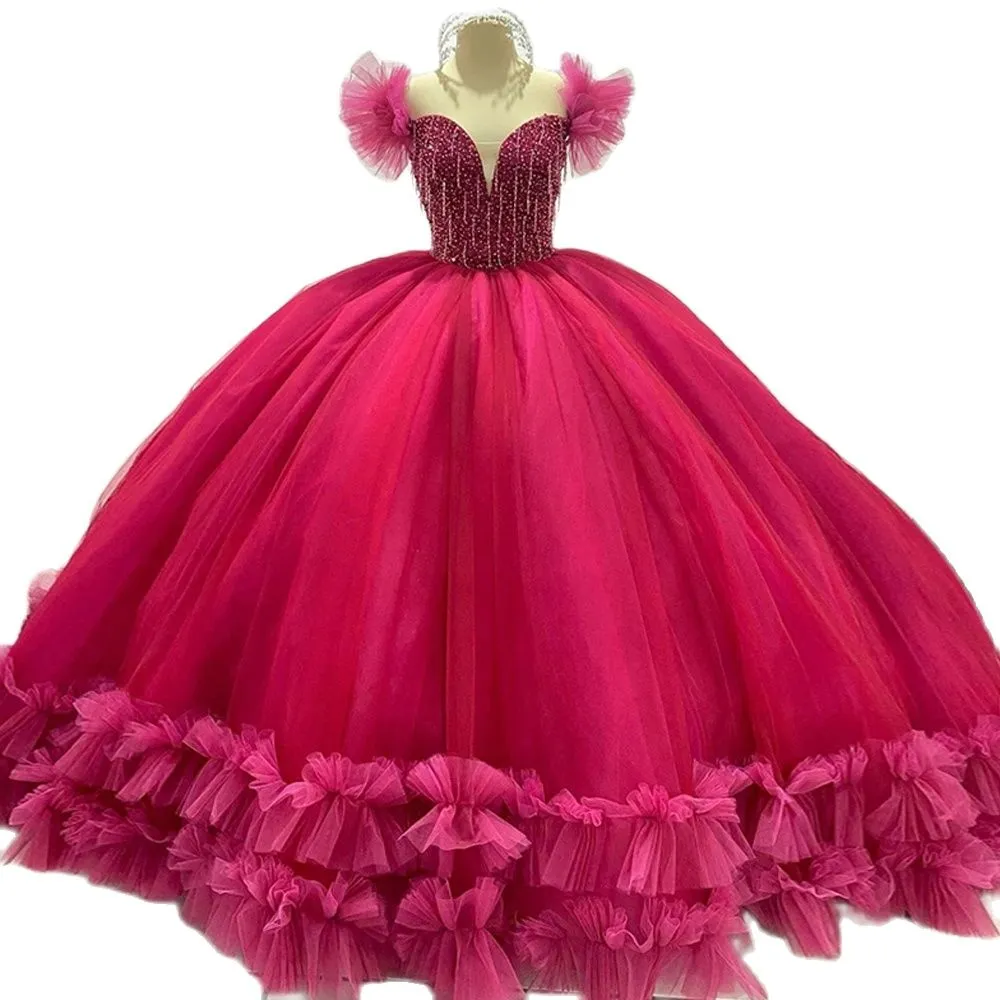 Wunderschöne fuchsiafarbene Ballkleid-Abschlussballkleider, mit Perlen besetztes Oberteil, Rüschen, besonderes OCN-Kleid, Tüll, Übergröße, Maskerade, süße Partykleider 326 326